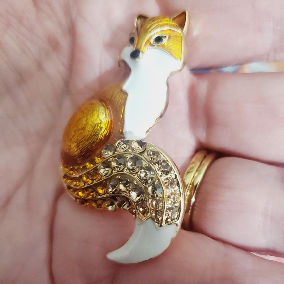 Fox brooch enamel crystal orange copper fall autumn animal woodland pendant - Picture 8 of 14